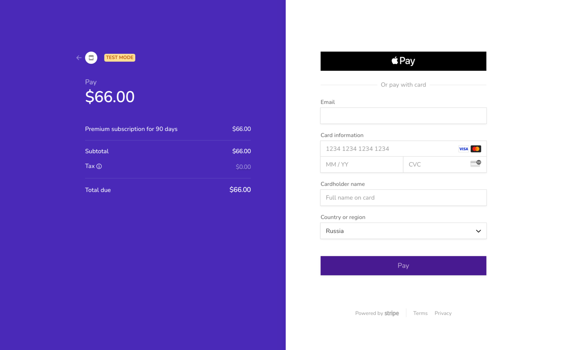 Payment form from the Stripe