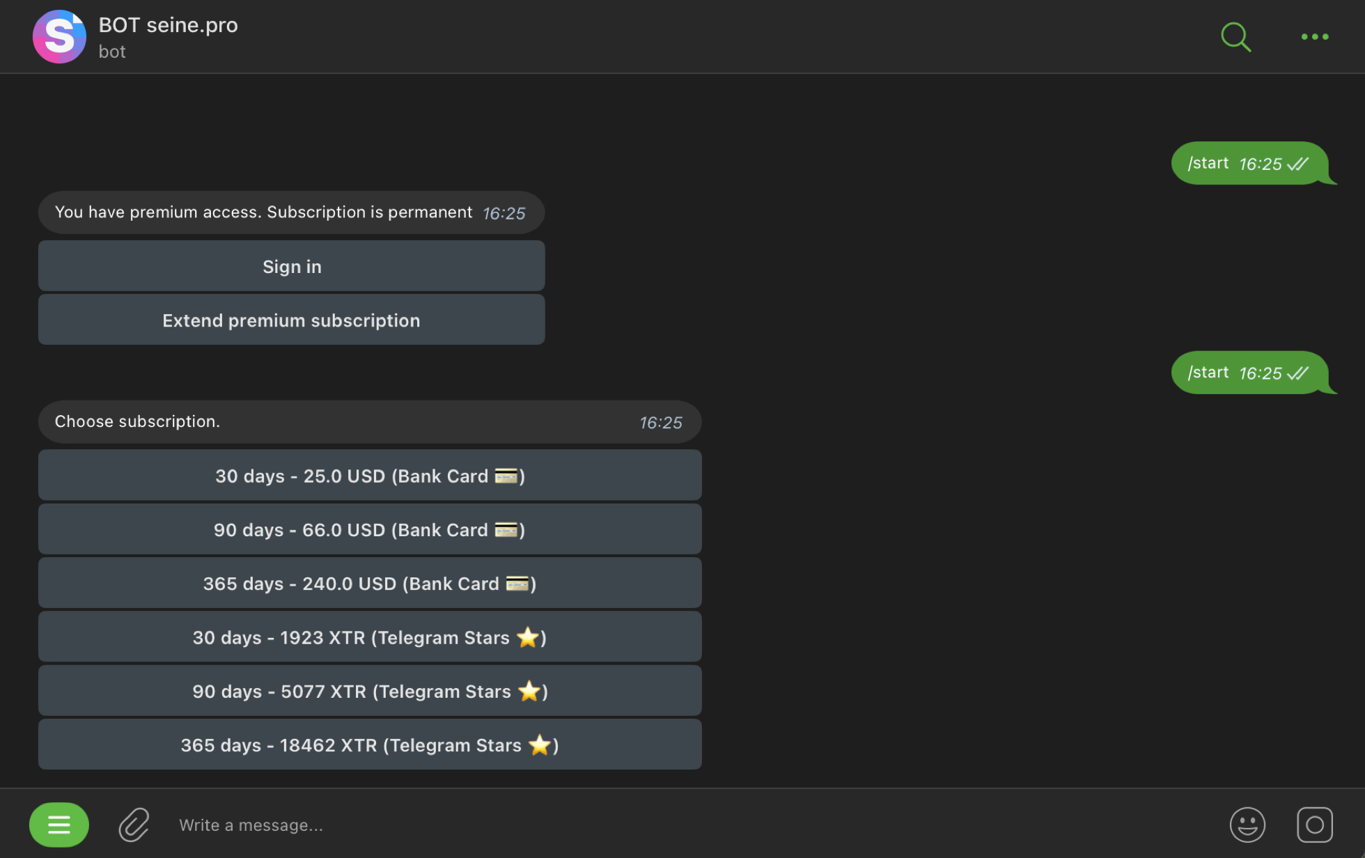 Telegram bot with a list of payment options